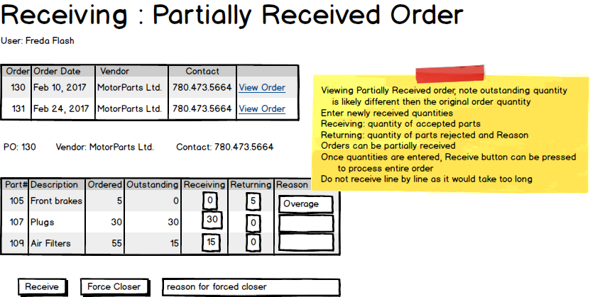 Receiving additional parts to an order already partially received