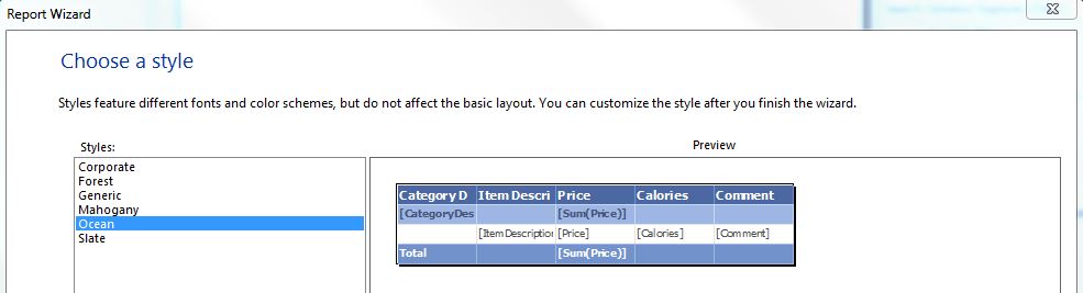 Report Wizard - Choose a style