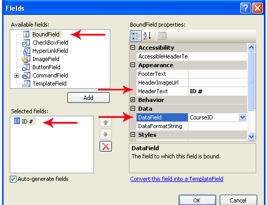 Parts of gridview customization dialogue